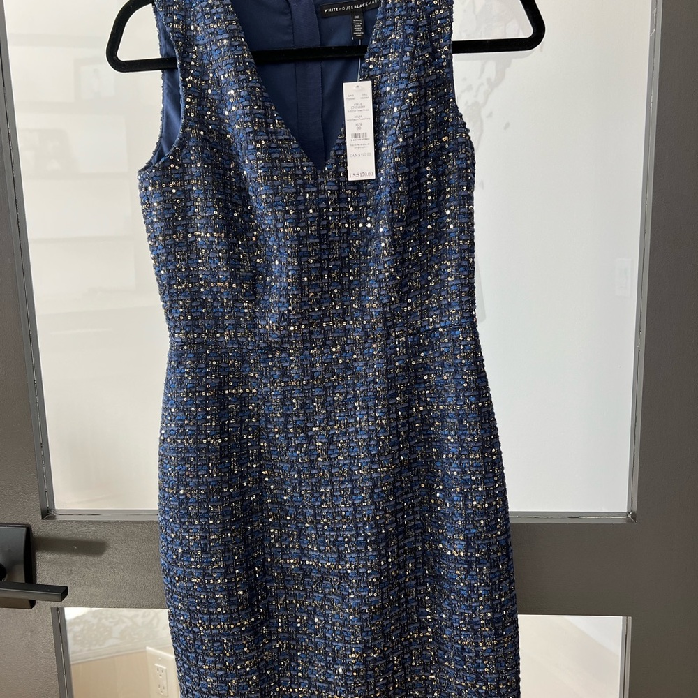 WHITE HOUSE BLACK MARKET Lurex sequin tweed dress navy 00
